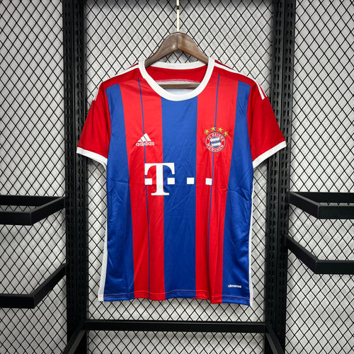 Bayern Munich home soccer jersey on hanger, red and blue stripes with club crest