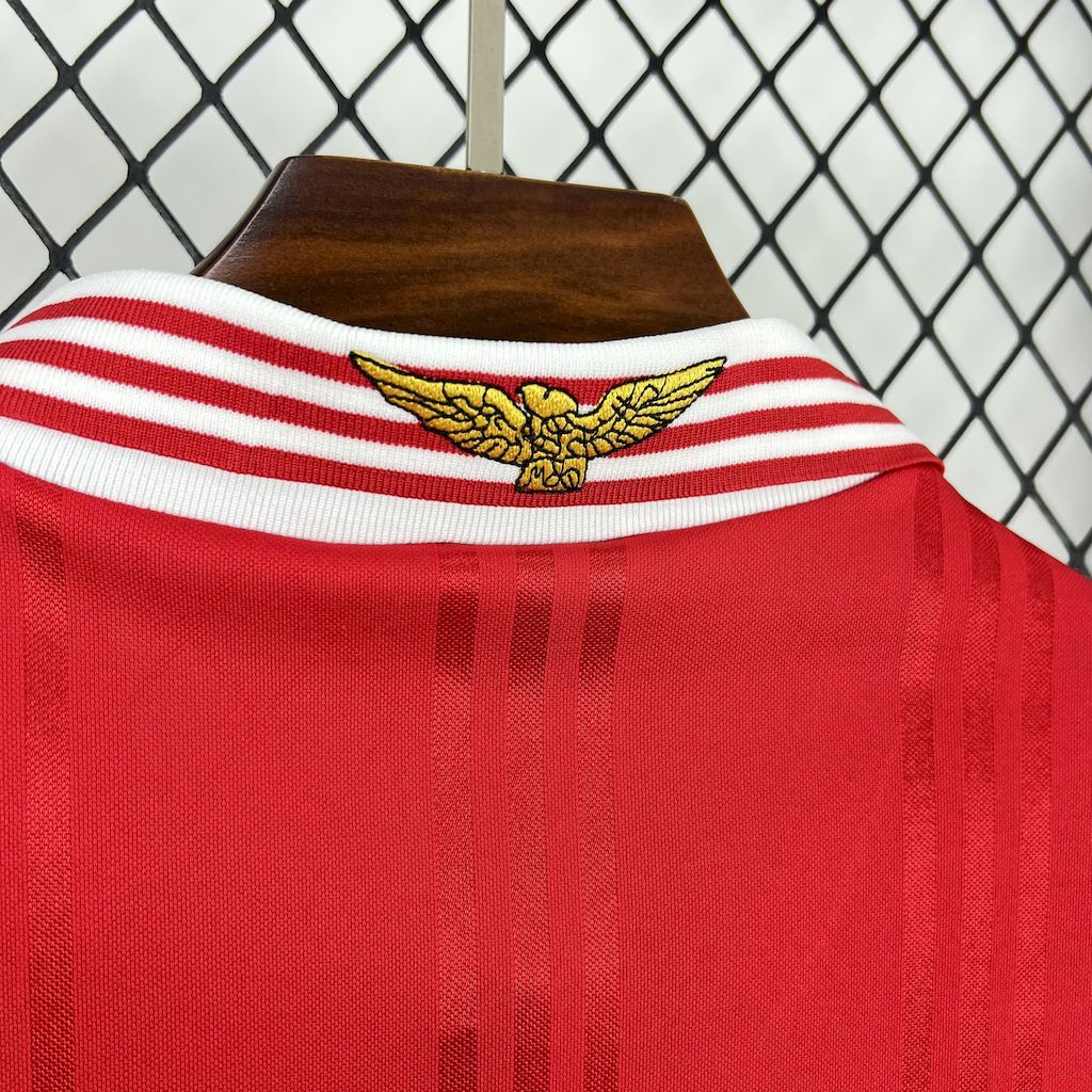 Red and white striped collar soccer jersey with Benfica crest emblem