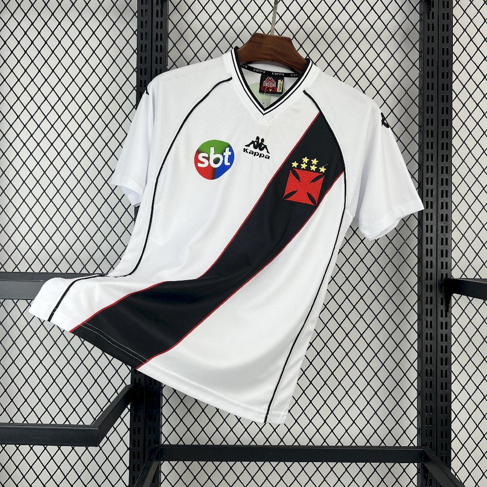 Retro football jersey with white base, black-red sash, and club crest