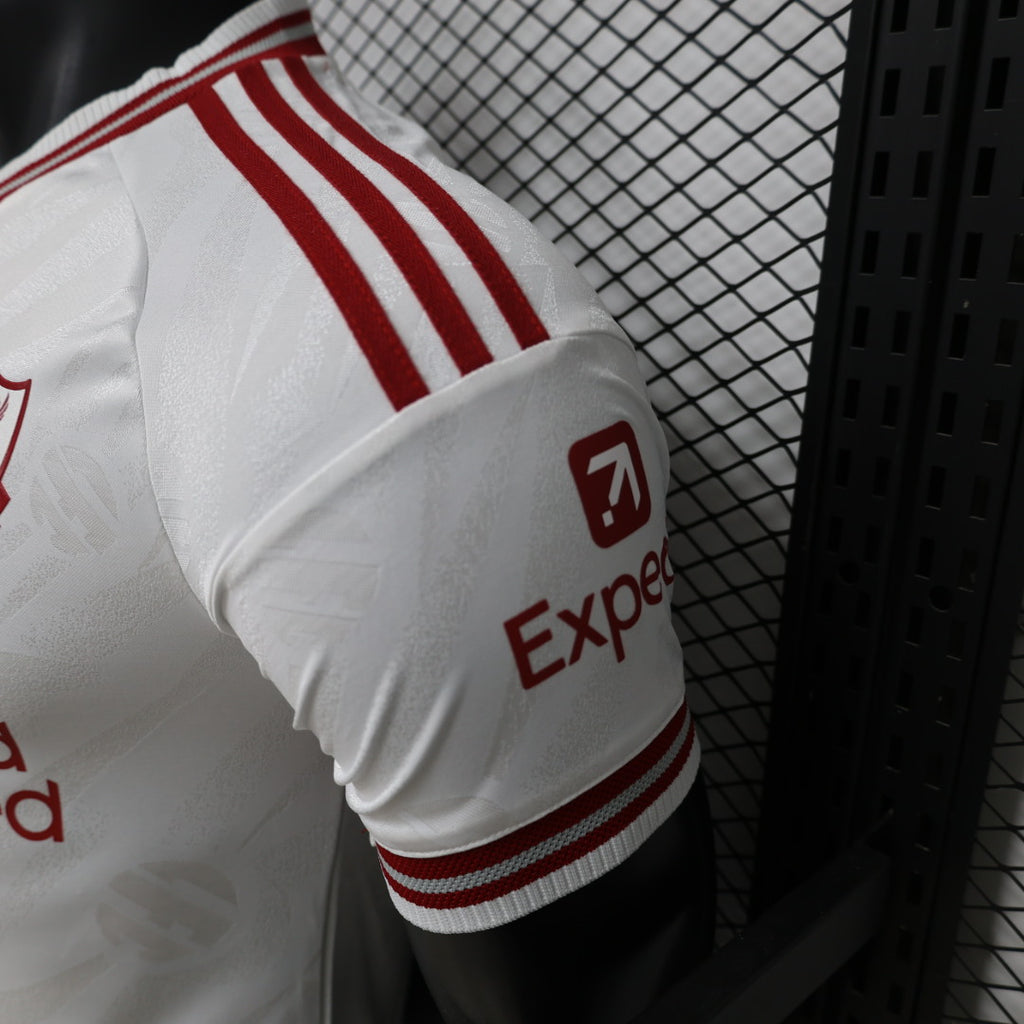 Sleeve cuff detail with red stripes and Express lettering