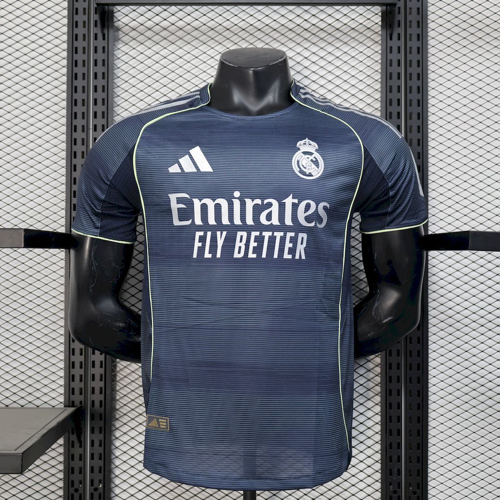 Real Madrid away player soccer jersey, navy with neon piping and Emirates Fly Better print