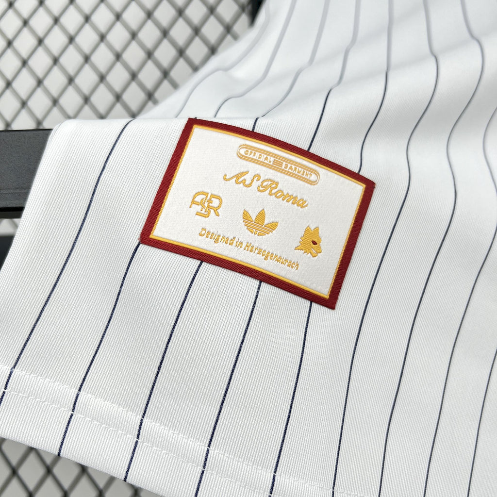 White soccer shirt sleeve patch label with crest artwork and pinstripe pattern
