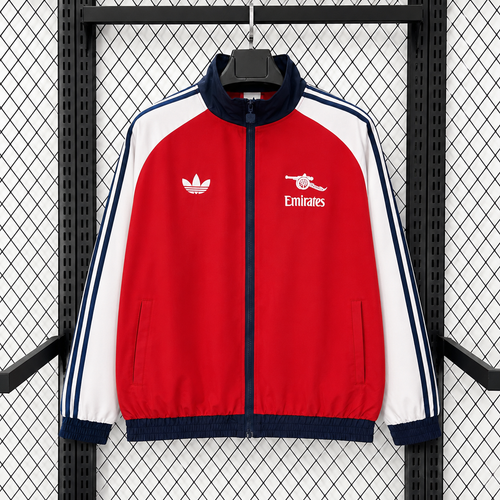 Red windbreaker jacket with full zip, Arsenal crest, and Emirates logo