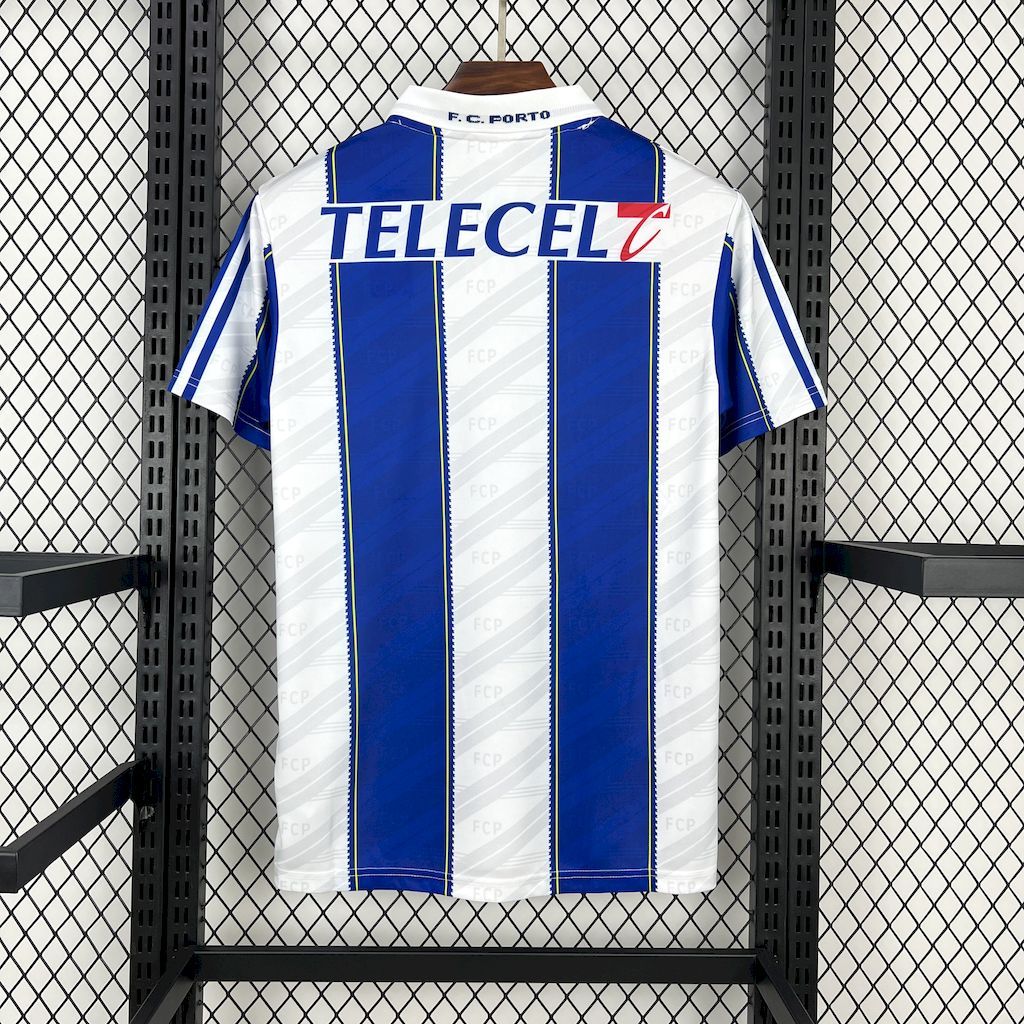 Men's retro home soccer jersey back in white and royal blue with TELECEL sponsor