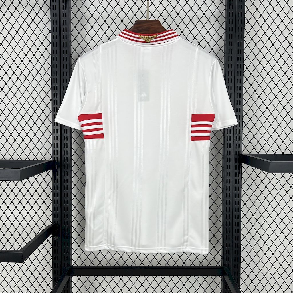 White retro away soccer jersey with red sleeve stripes, back view