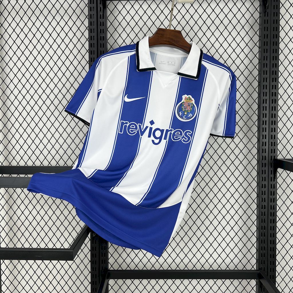 Retro Porto home soccer jersey, white and blue striped with crest and Nike logo