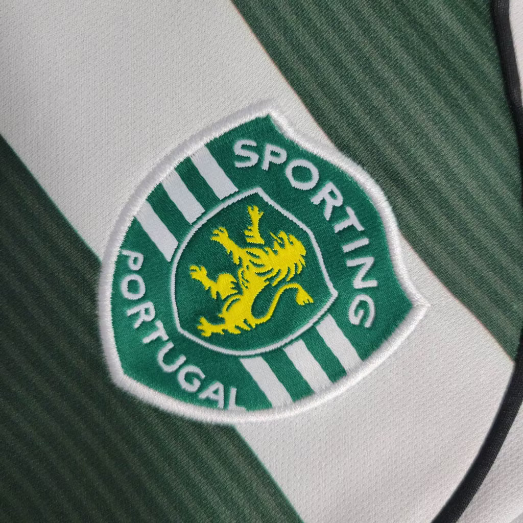 Sporting CP crest patch: yellow lion on green-and-white striped background