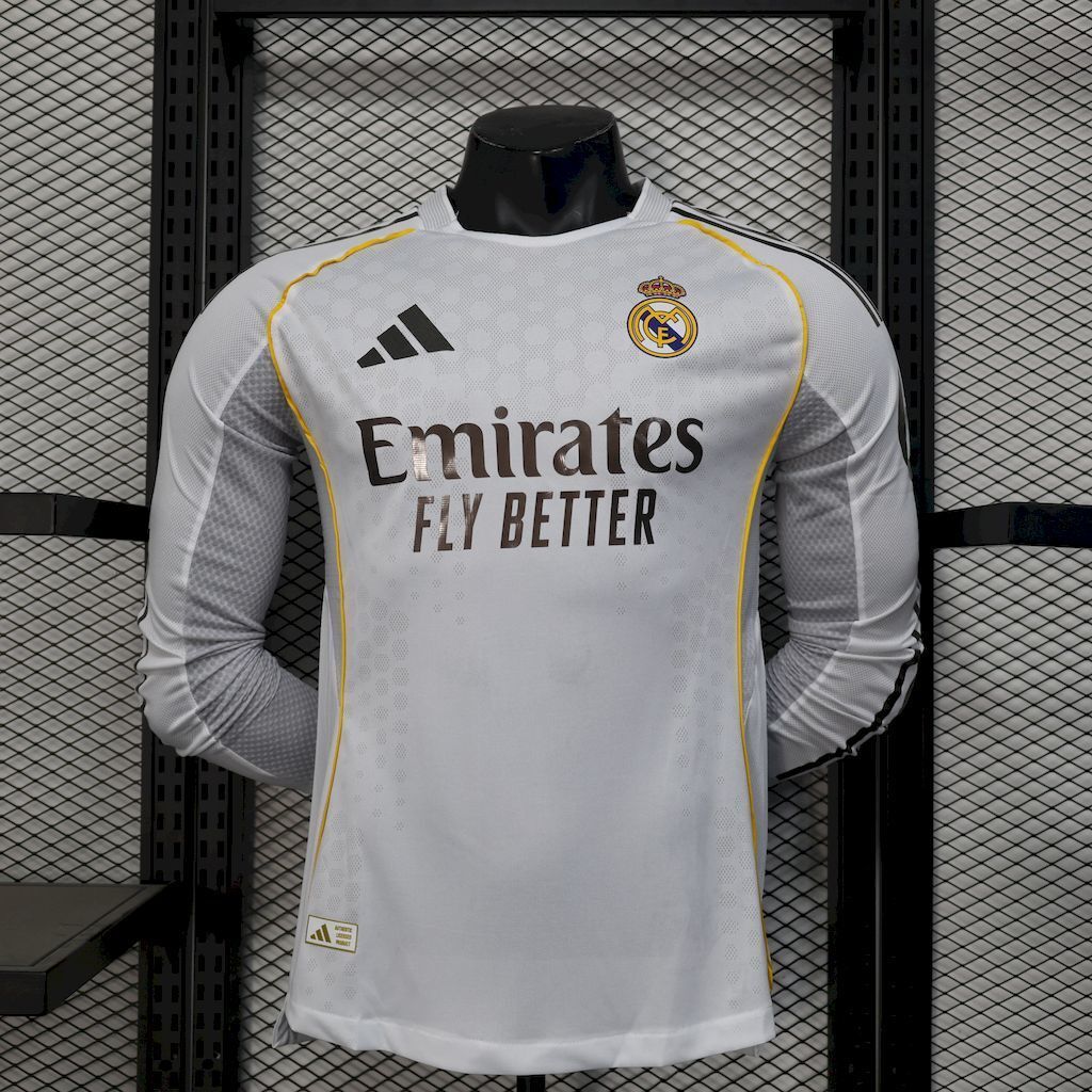 Real Madrid home jersey, white long-sleeve with yellow trim and club crest