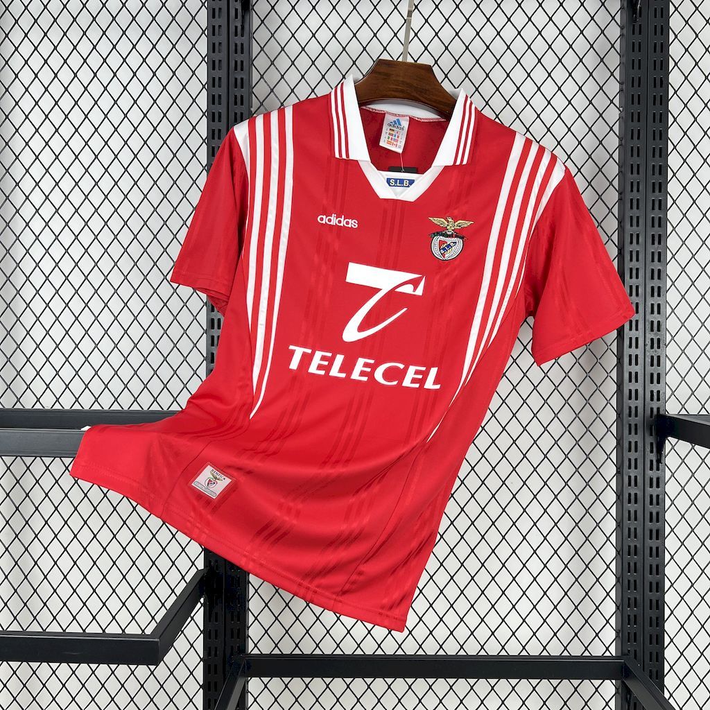 Red soccer jersey with white vertical stripes, Benfica crest, and sponsor text