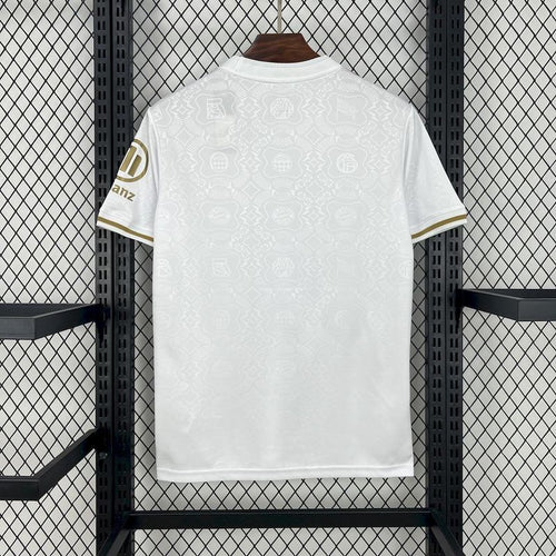 White Bayern Munich fan jersey back with gold-trim collar and subtle all-over pattern