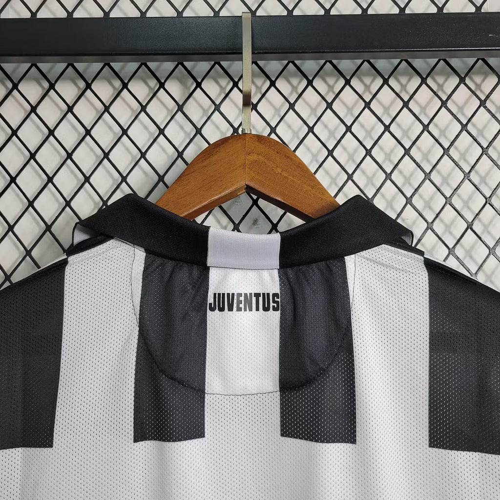 Juventus soccer jersey neckline and upper back with black stripe panels