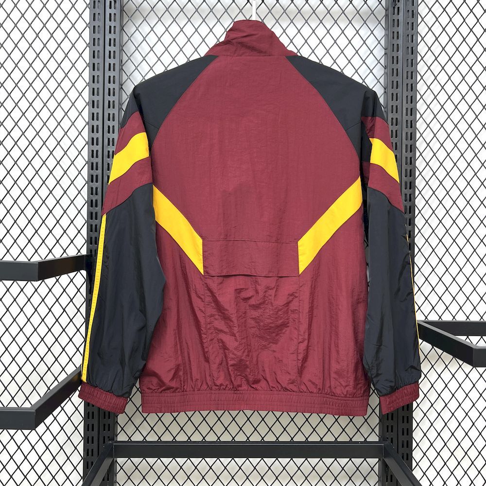 Maroon hooded windbreaker with black shoulder panels and yellow stripes, full-zip back.