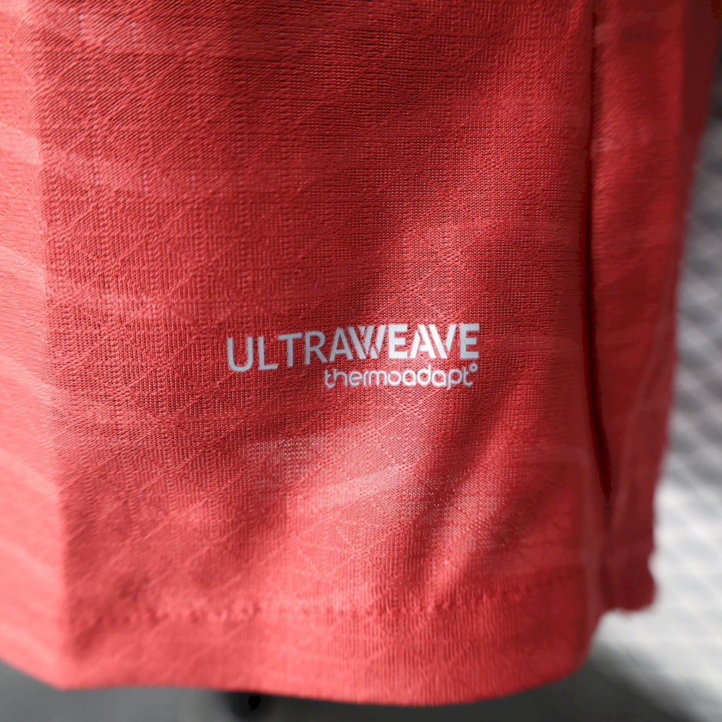 Red soccer jersey with ULTRAWAVE thermoadapt logo print on fabric