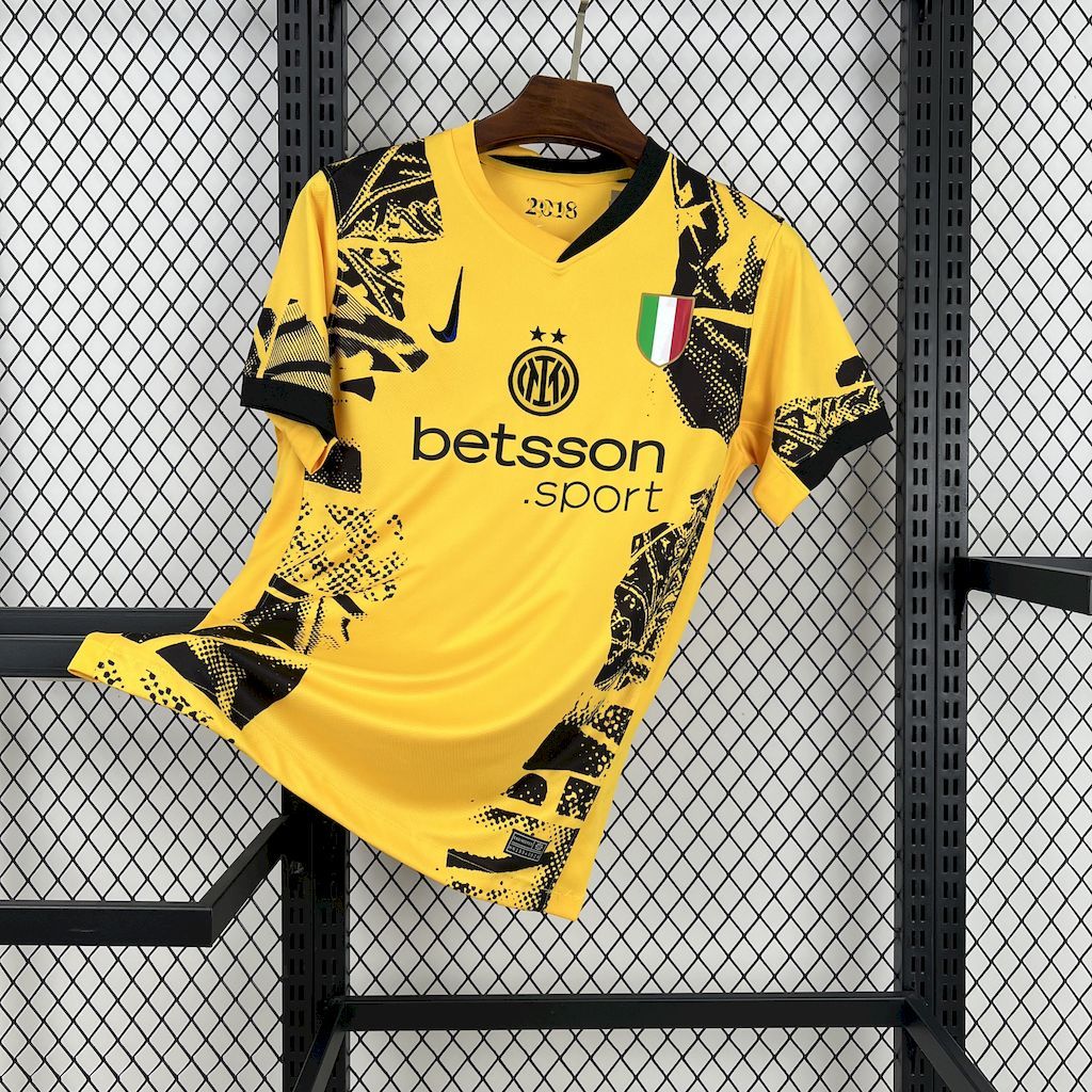 Inter Milan third fan jersey, yellow with black abstract print, Betsson Sport logo