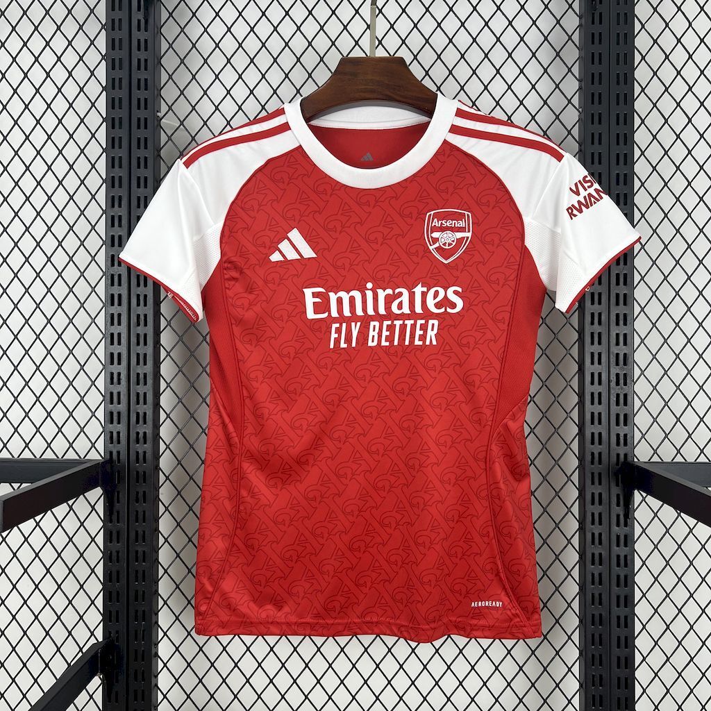 Red Arsenal women’s home football shirt with white sleeves and Emirates Fly Better print