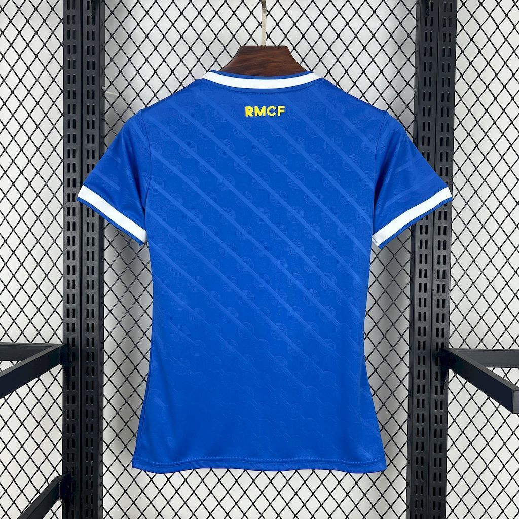 Blue women's soccer jersey back view with RMFC lettering and white-striped collar