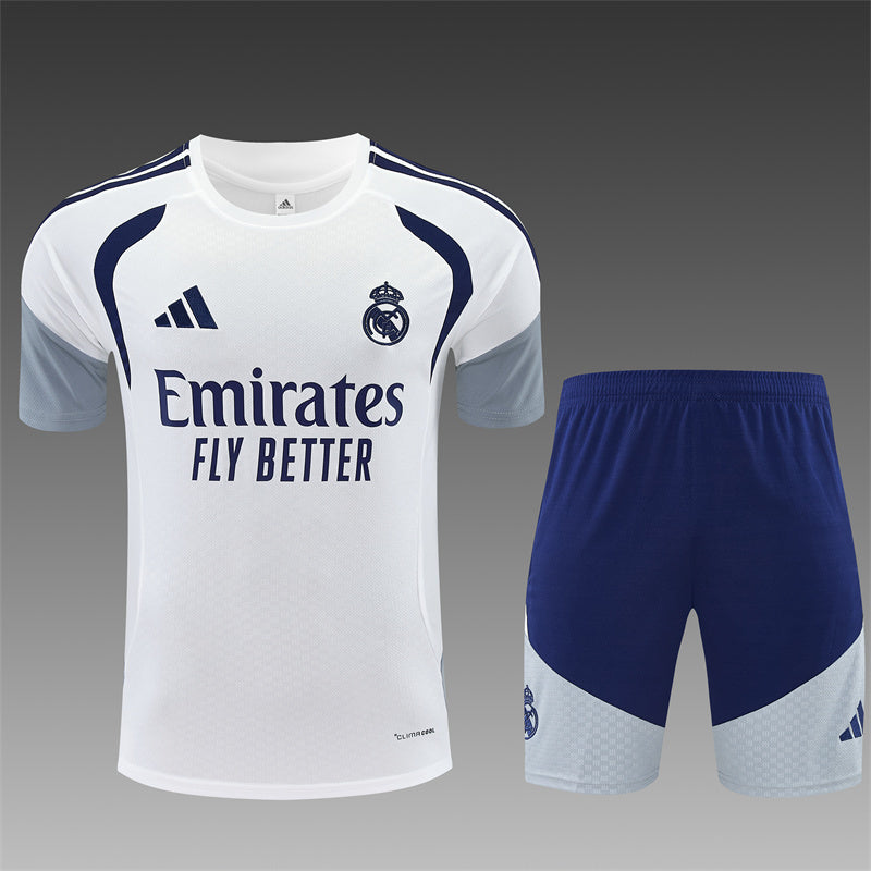 White training shirt with blue trim and matching navy shorts set