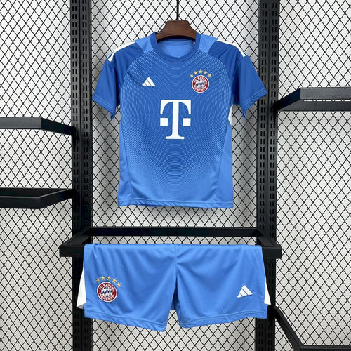 Kids blue goalkeeper jersey with Adidas logo, Bayern badge, and T-Mobile sponsor