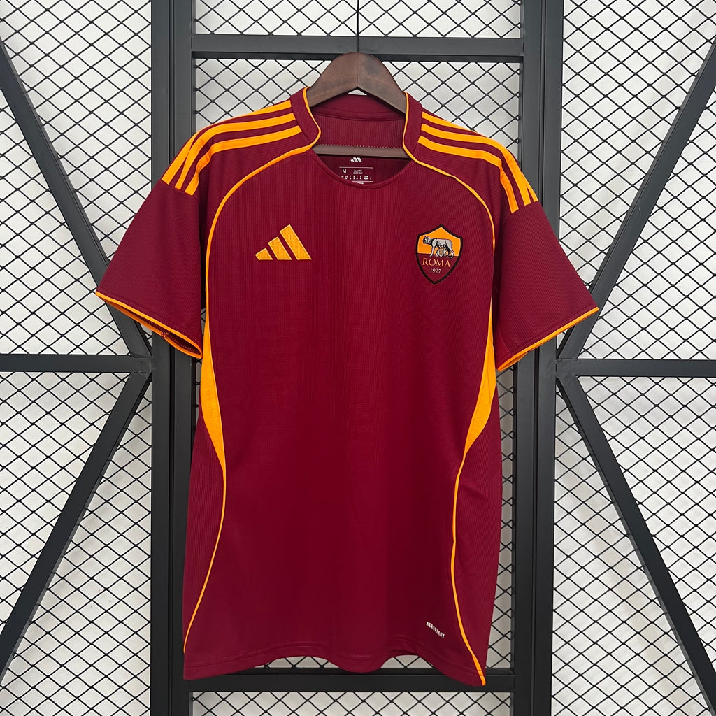 Maroon Roma soccer jersey with yellow adidas stripes and crest on chest