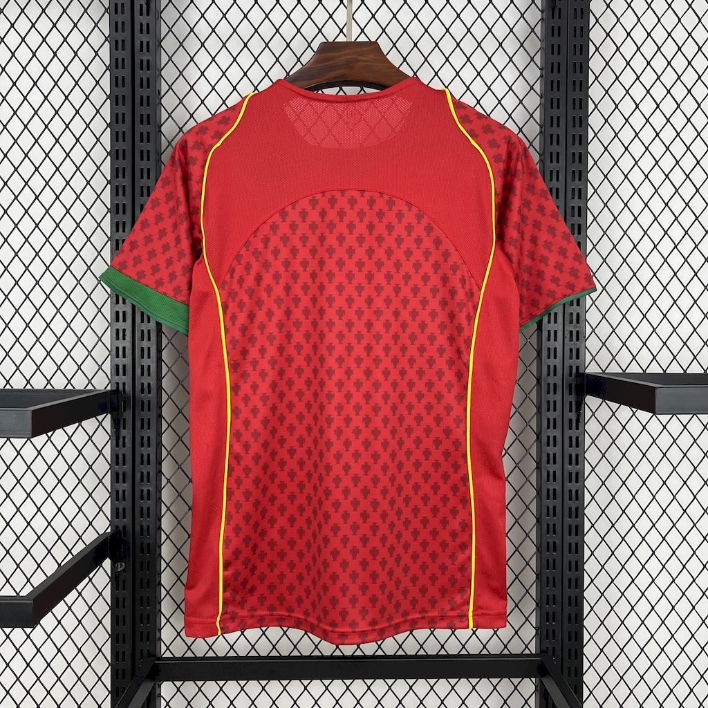 Retro Portugal football jersey back, red with green sleeves and yellow side piping