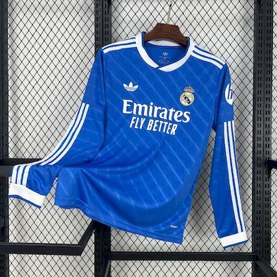 Real Madrid third long-sleeve fan jersey in blue with white stripes and Emirates sponsor