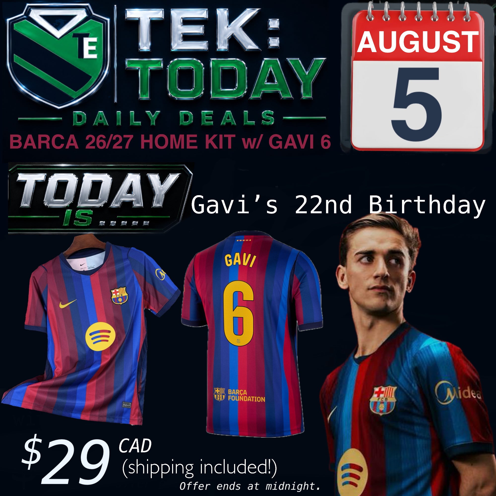 DAILY DEAL BARCA 26/27  Home, w/ GAVI 6 on the back. Free Shipping.