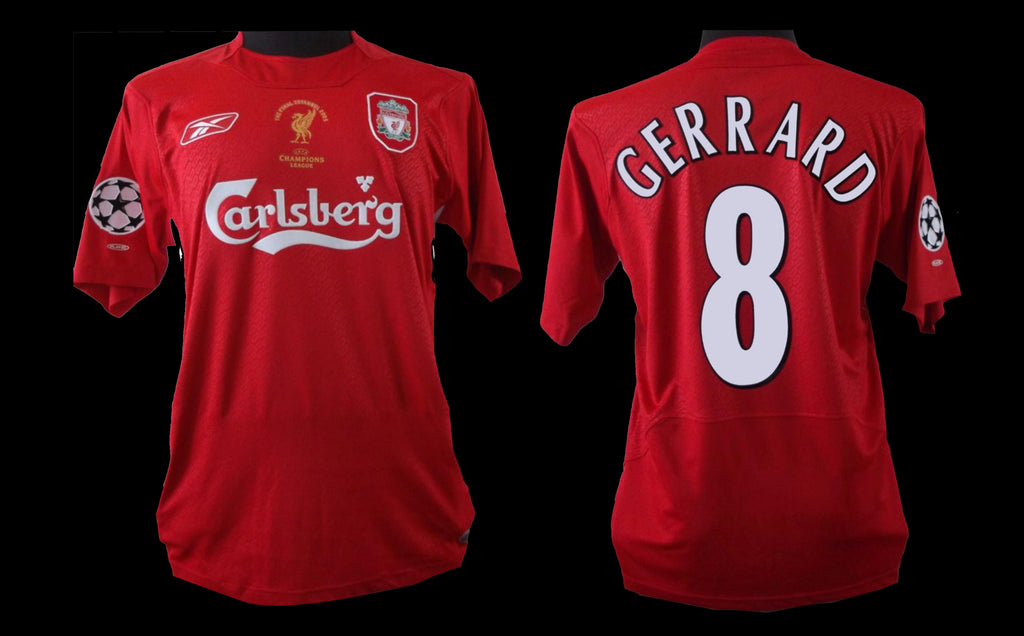 Red custom soccer jersey showing Gerrard 8 on back and Carlsberg on front
