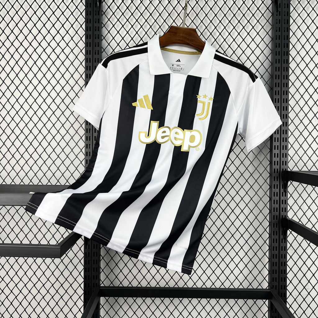 Black and white striped Juventus home football shirt with gold 'Jeep' sponsor