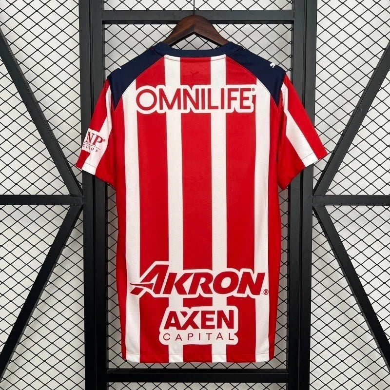 Chivas home football fan jersey back, red and white stripes with large OMNI and AKRON