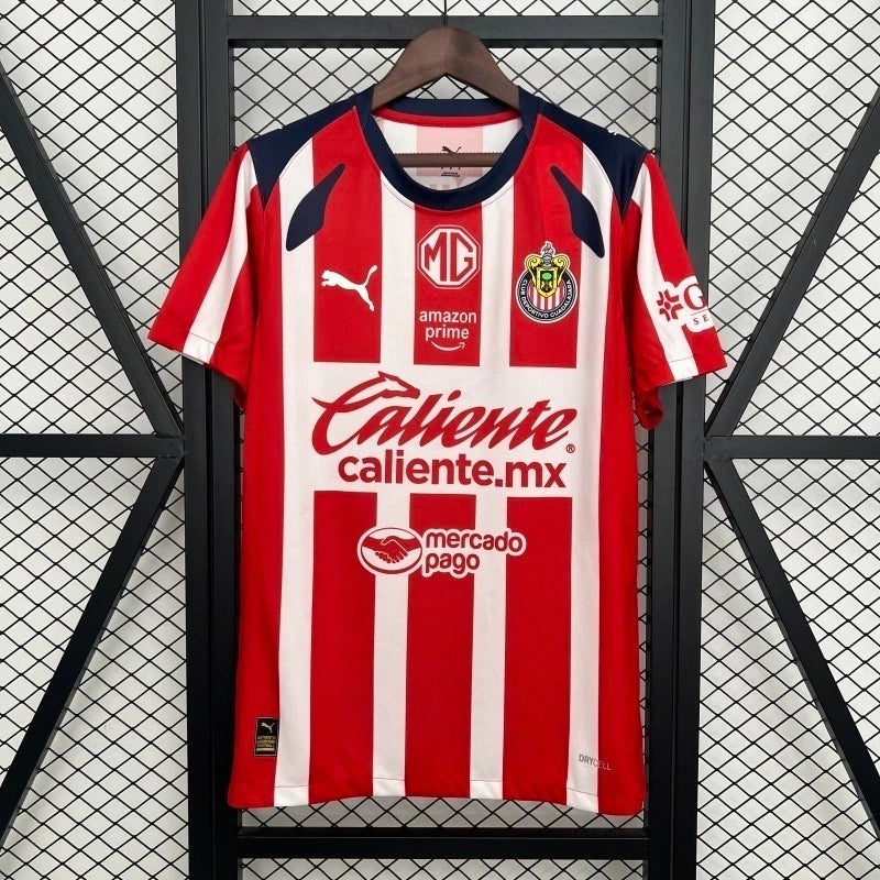 Chivas home football fan jersey, red and white vertical stripes with sponsor logos