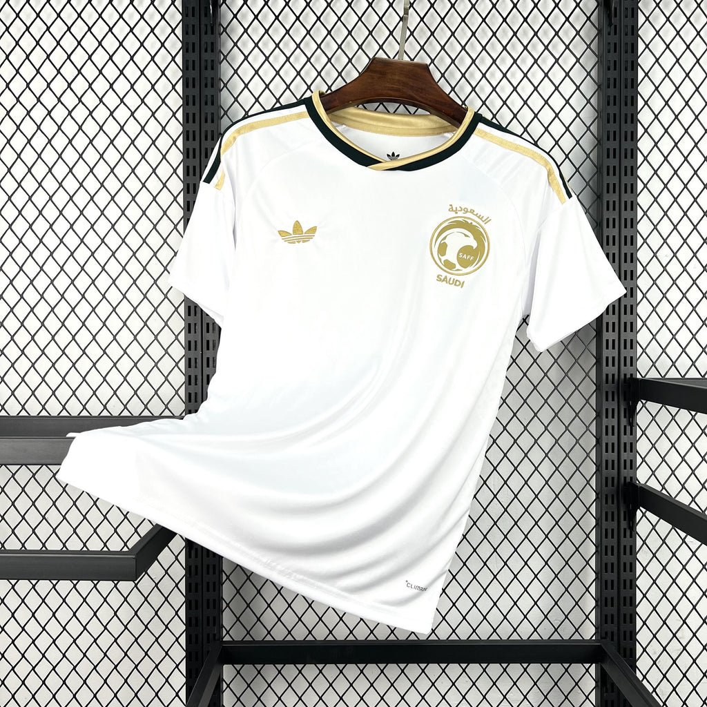 White Saudi Arabia away fan soccer jersey with gold adidas stripes and crest