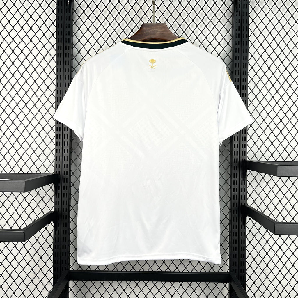 White Saudi Arabia away fan soccer jersey, back view with gold adidas emblem