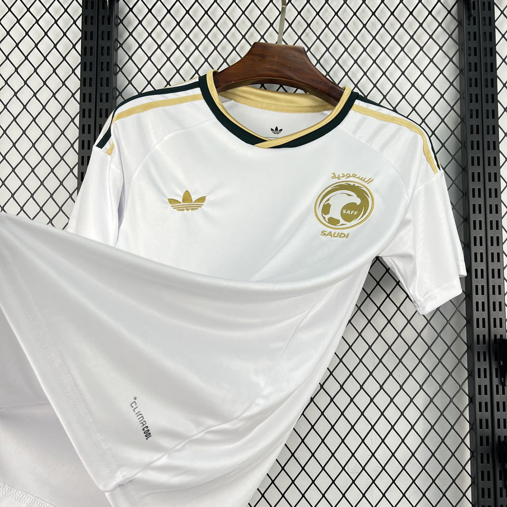 White Saudi Arabia away fan soccer jersey front with gold trim and Saudi crest